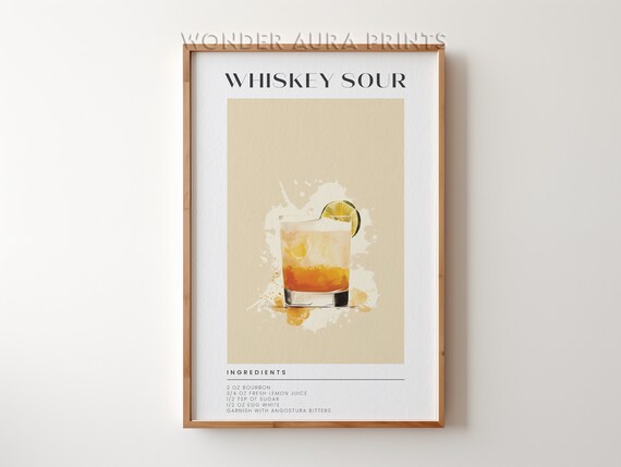 Classic Whiskey Sour Cocktail Recipe Watercolor Bar Art Poster