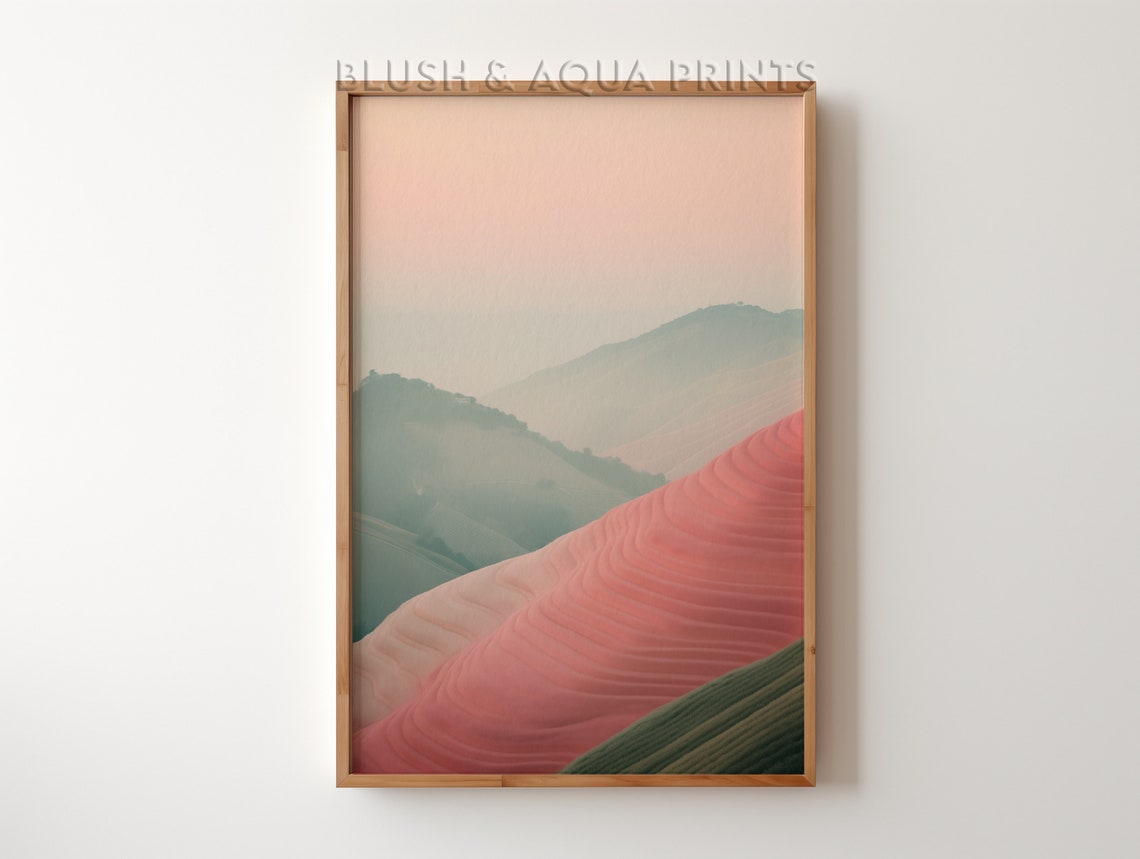 Pink Sunset Mountain Landscape Soft Pastel Boho Bedroom Poster