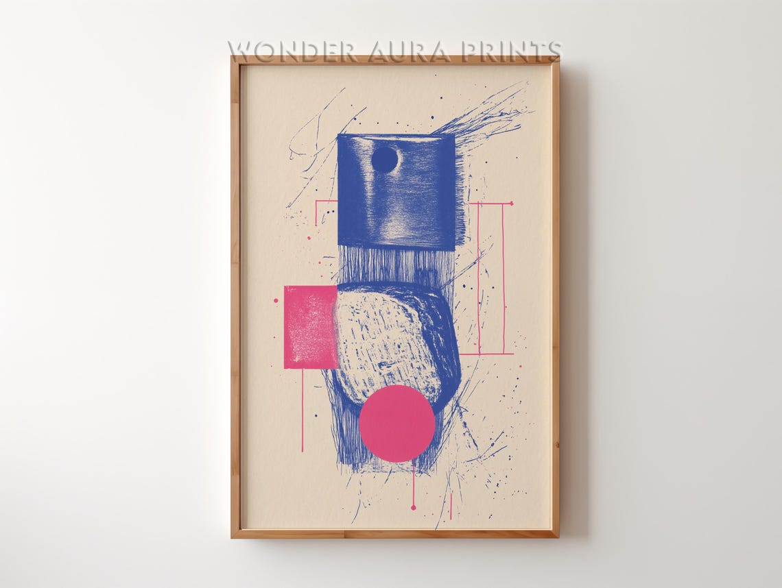 Abstract Blue Pink Geometric Line Sketch Modern Gallery Wall Art