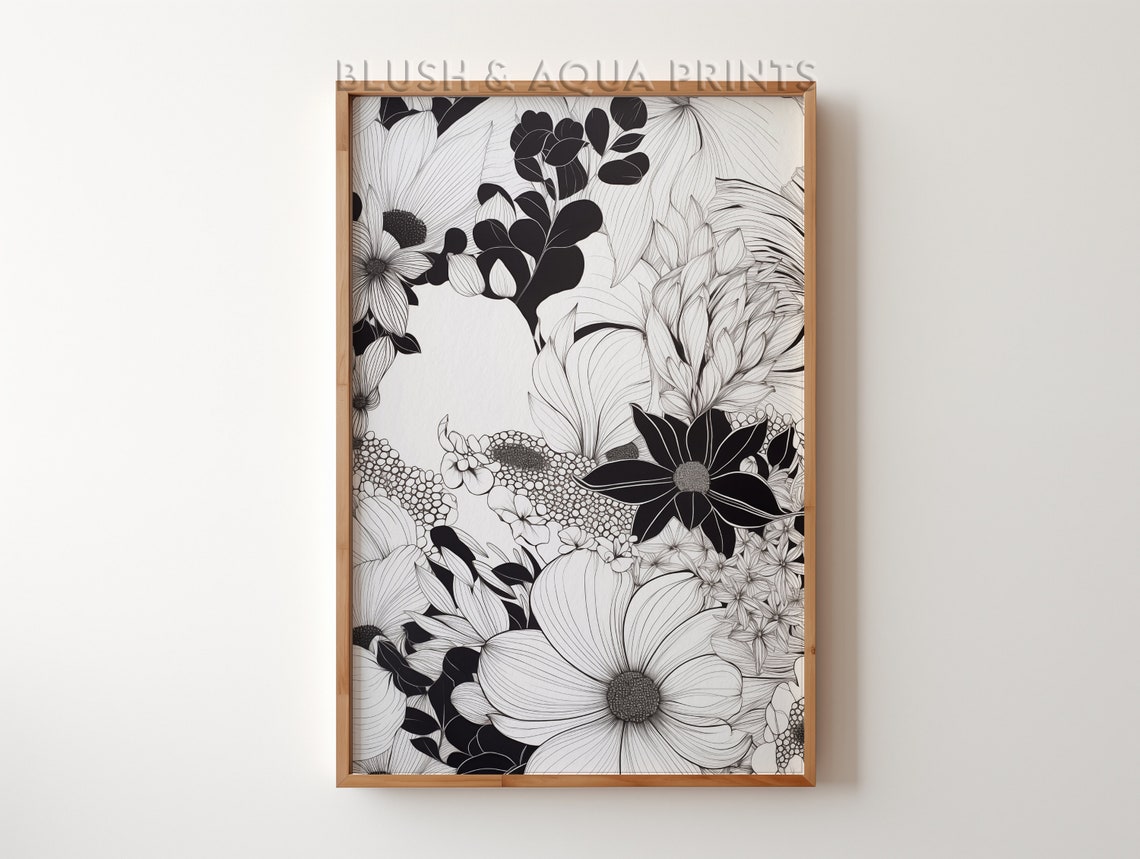 Monochrome Botanical Floral Line Art Minimalist Ink Drawing Poster