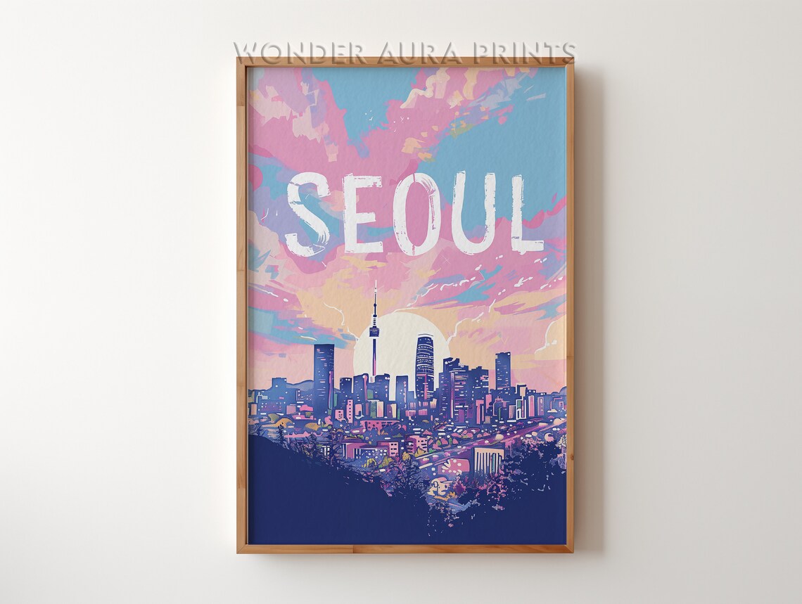 Seoul South Korea Pink Sunset Skyline Tower City Travel Poster