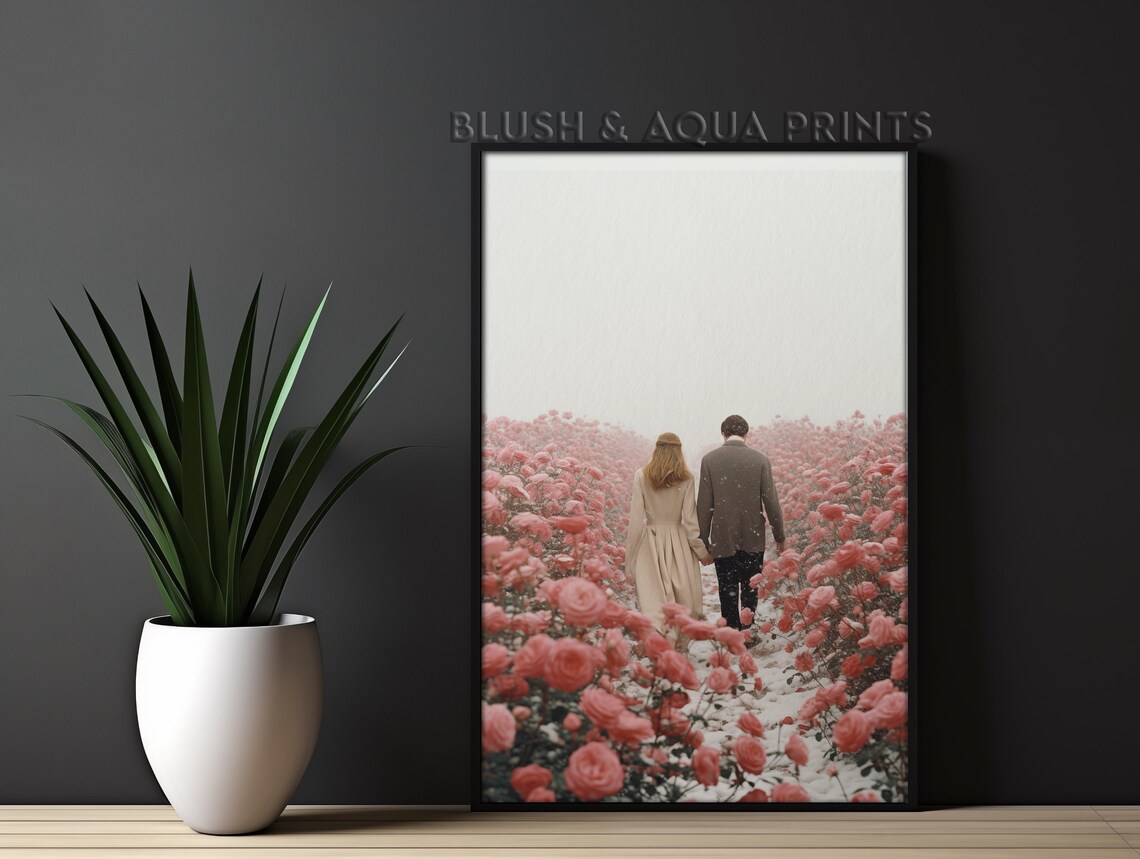 Vintage Couple Walking Through a Pink Rose Garden in the Snow Poster
