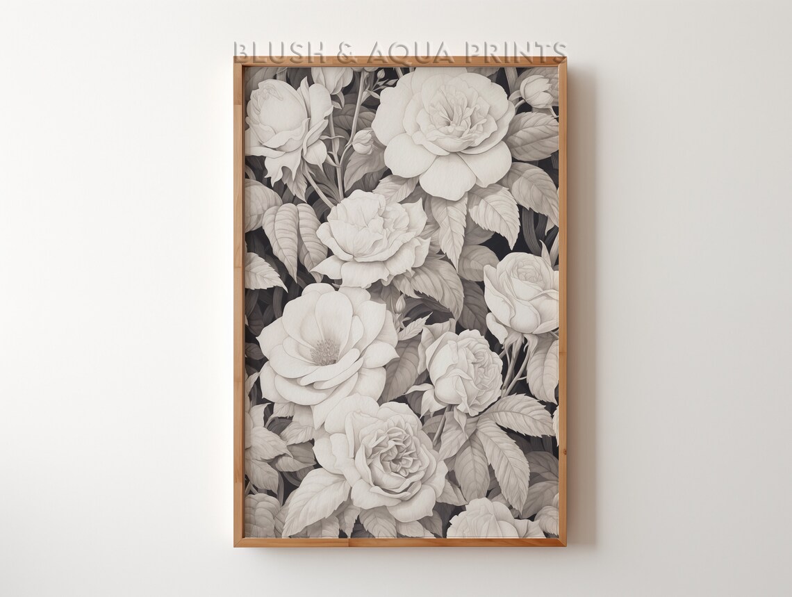 Monochrome Black and White Roses Botanical Illustration Art Poster