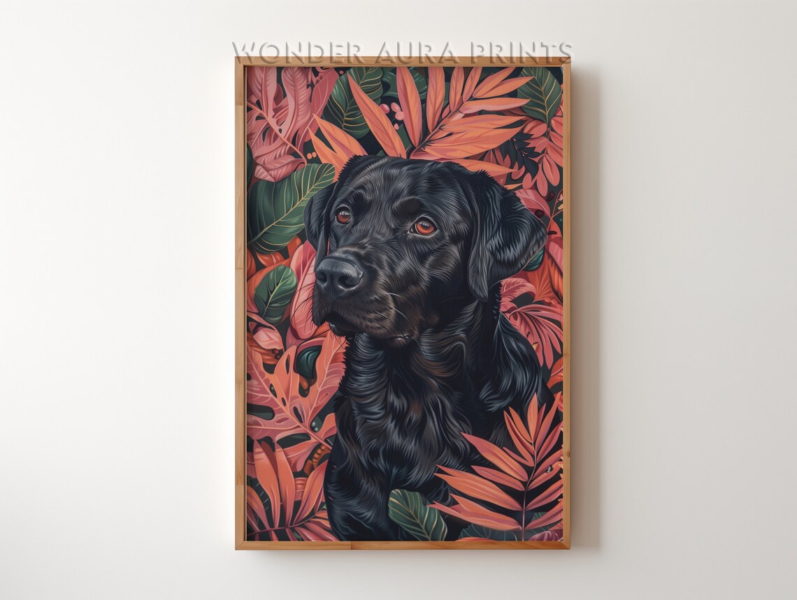 Black Labrador Dog Portrait Among Colorful Tropical Leaves Poster