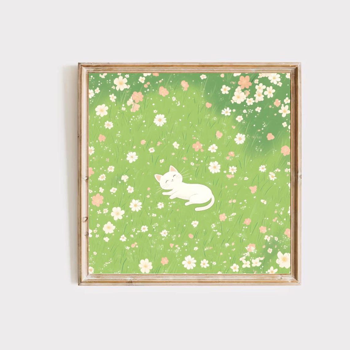 Sleeping White Kitten in Wildflower Meadow Cottagecore Cat Art Poster - Image 3