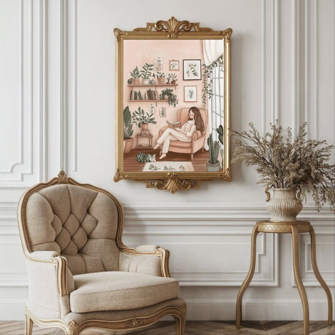 Cozy Woman Reading in Armchair Among Plants Book Nook Art Poster - Image 4