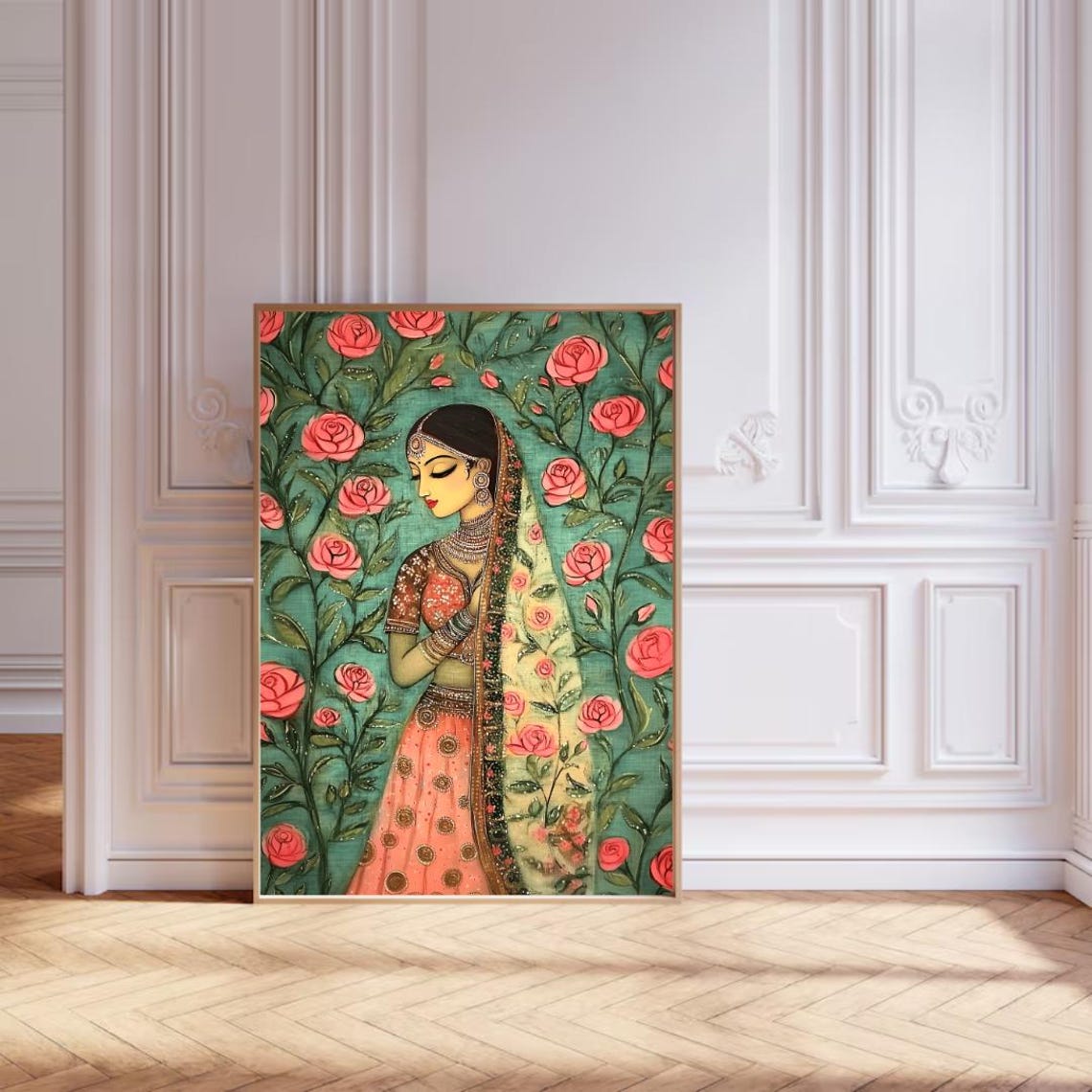 Elegant Indian Bride in Red Lehenga Among Pink Roses Folk Art Poster - Image 5