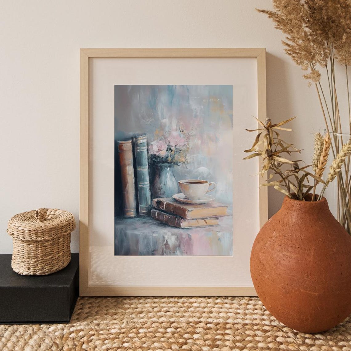 Vintage Old Books With Teacup and Flowers Still Life Painting Poster - Image 2