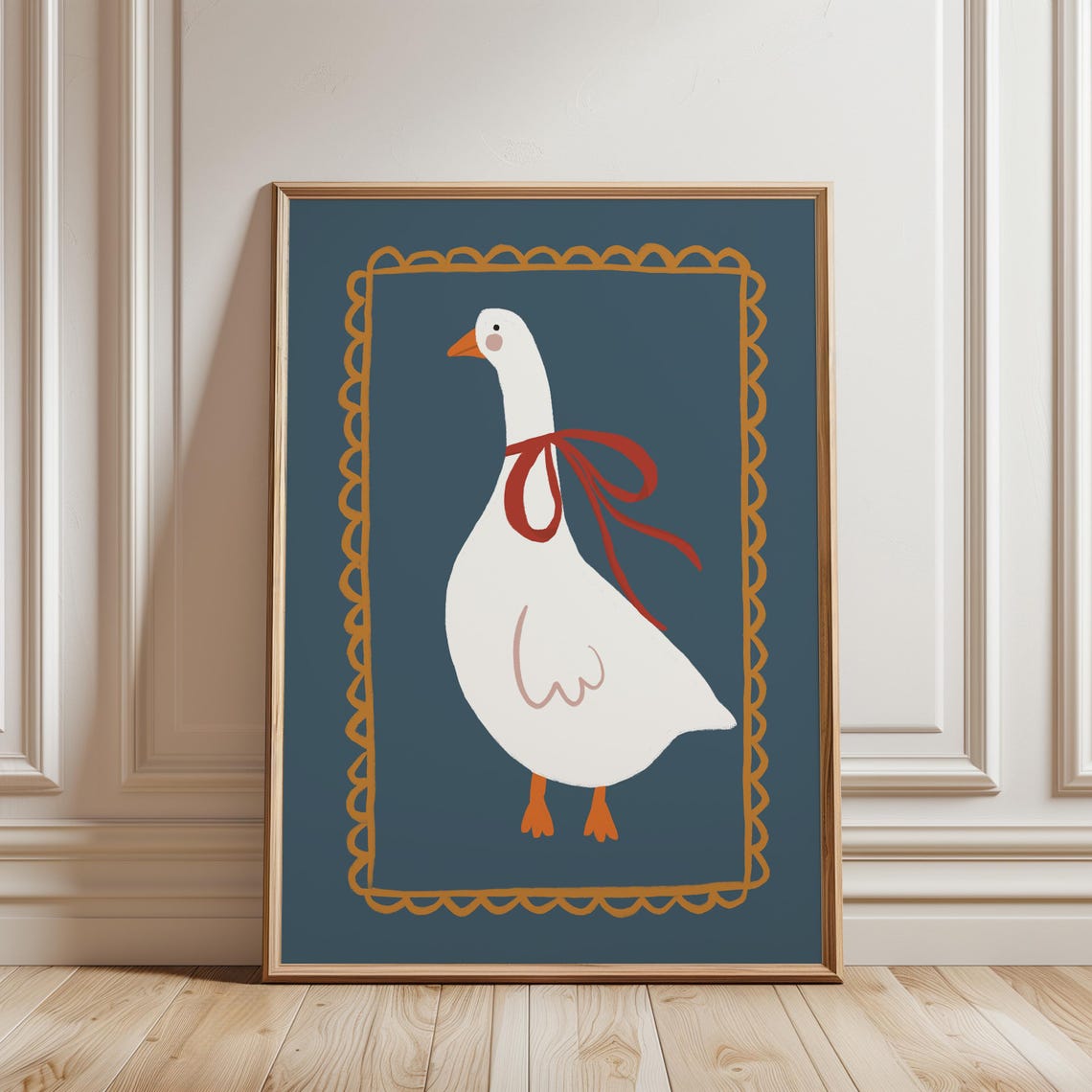 Cute White Goose Red Bow Navy Blue Scalloped Border Nursery Poster