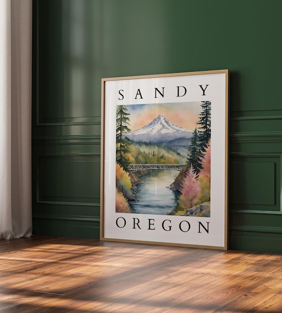 Sandy Oregon Watercolor Mt Hood River Bridge Scenic Travel Poster