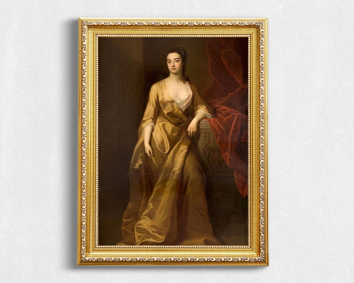 Vintage Portrait of Woman in Gold Dress, Art Print - Image 2