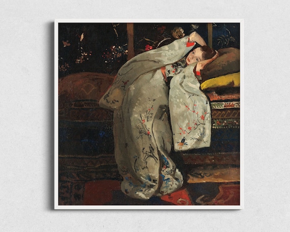 Reclining Woman Embroidered Kimono Chaise Dark Interior Art Poster