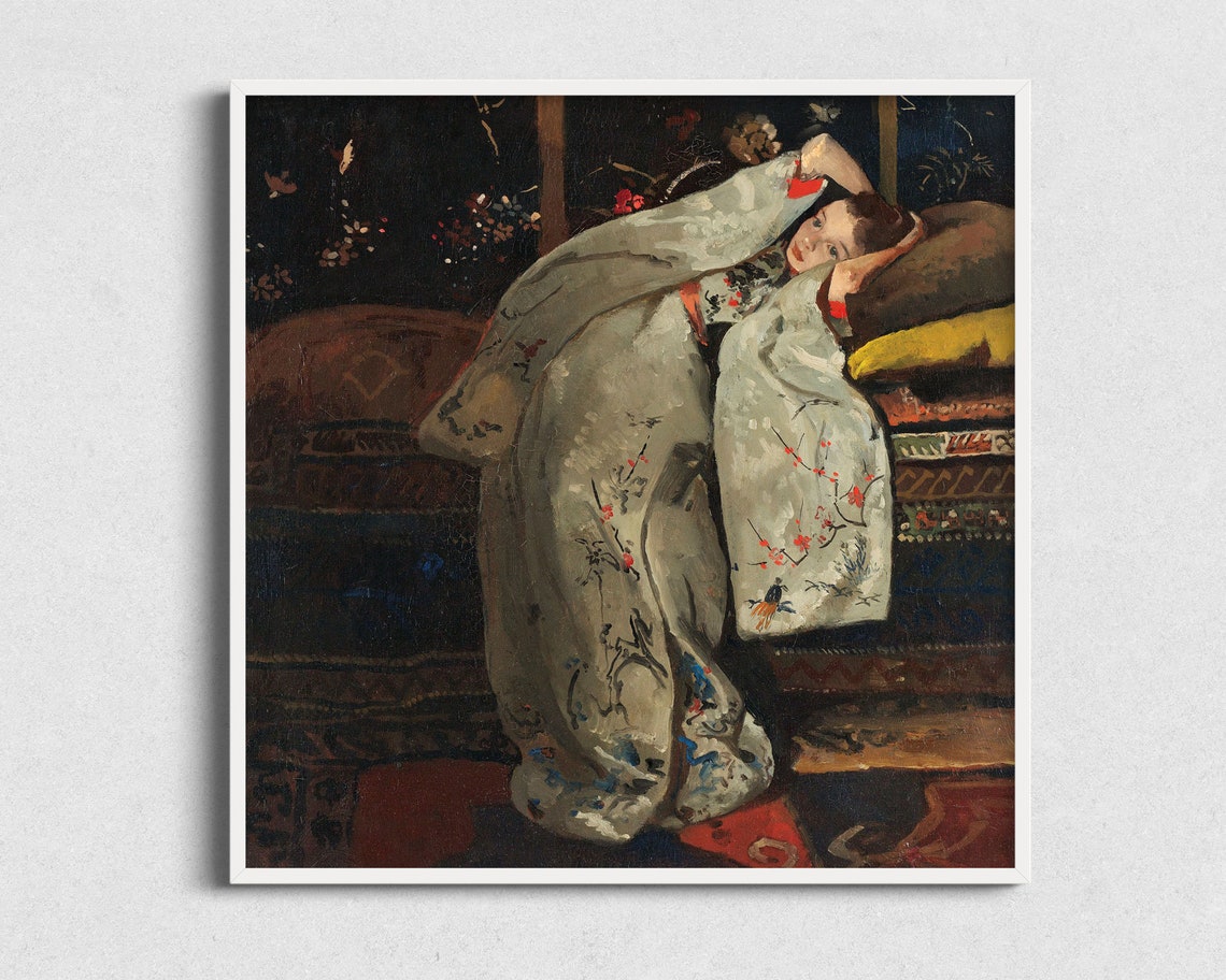 Vintage Painting Of Girl In Kimono Antique Painting Of Bored Woman Art