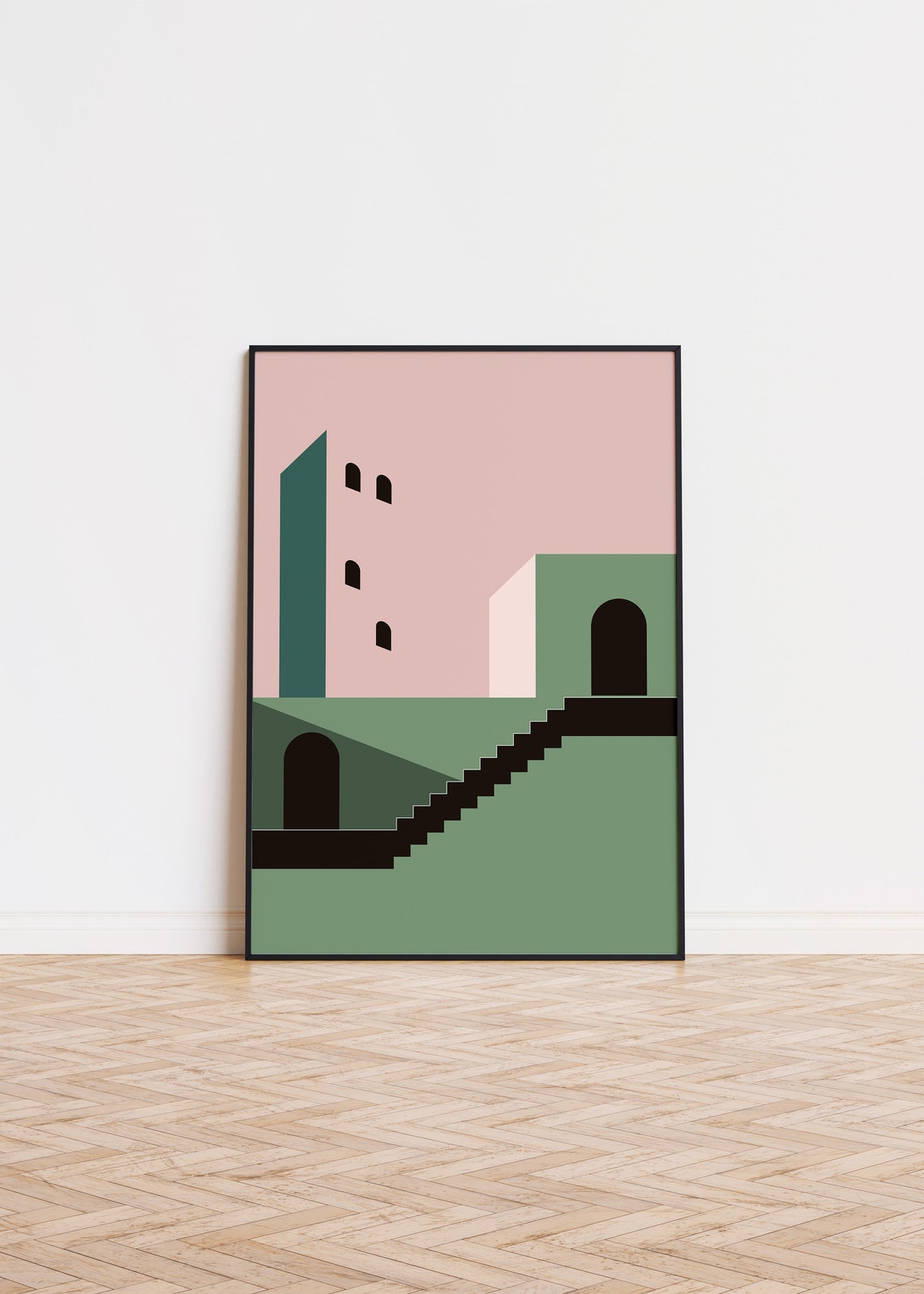 Geometric Balconies Pink Green Modern Architecture Abstract Poster