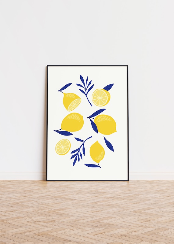 Lemons and Navy Leaves Modern Citrus Fruit Kitchen Art Poster