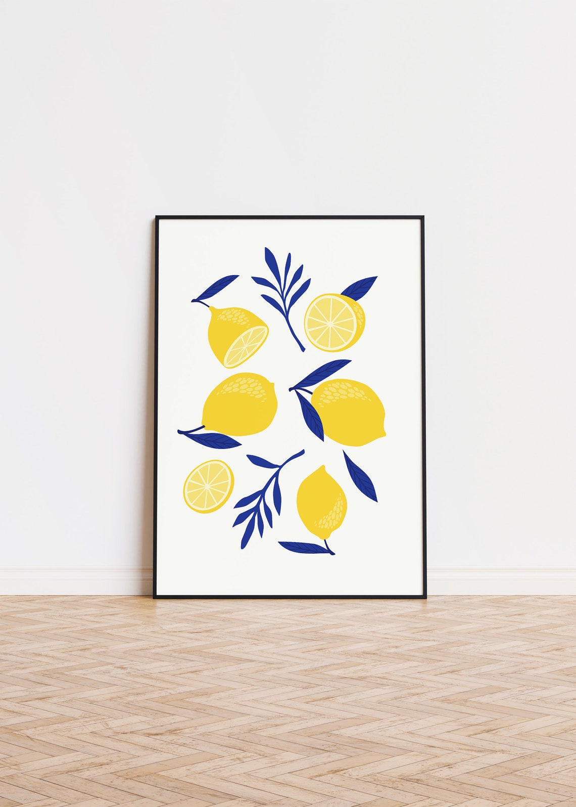 Lemons and Navy Leaves Modern Citrus Fruit Kitchen Art Poster