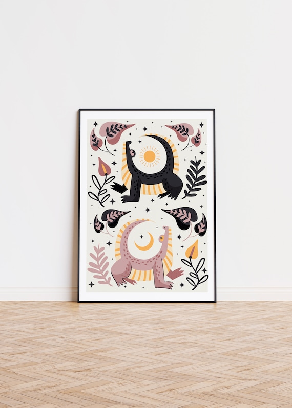 Cute Dinosaur Pair Celestial Sun Moon Nursery Kids Room Poster