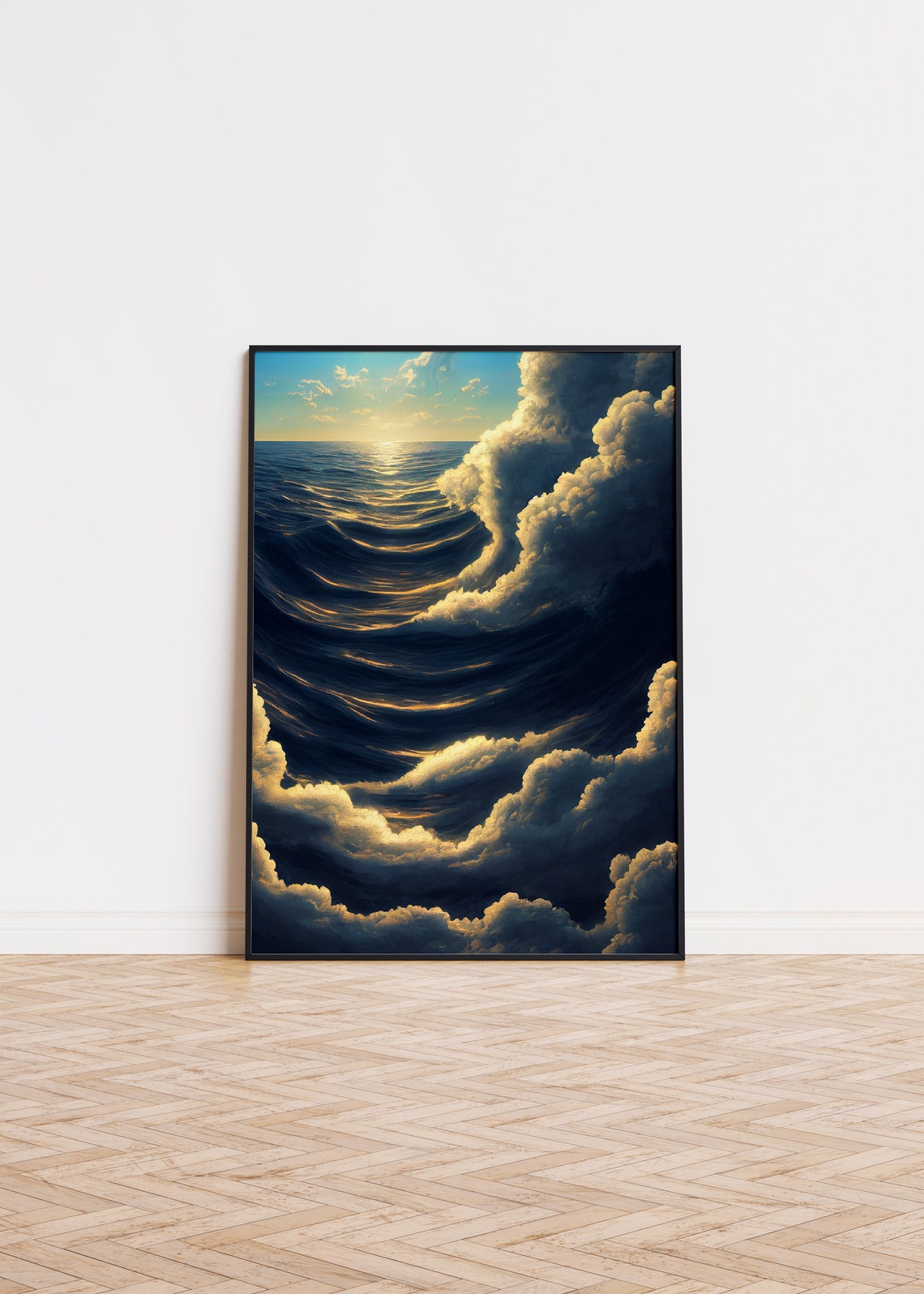 Ocean Sunset Golden Clouds Dramatic Seascape Painting Art Poster