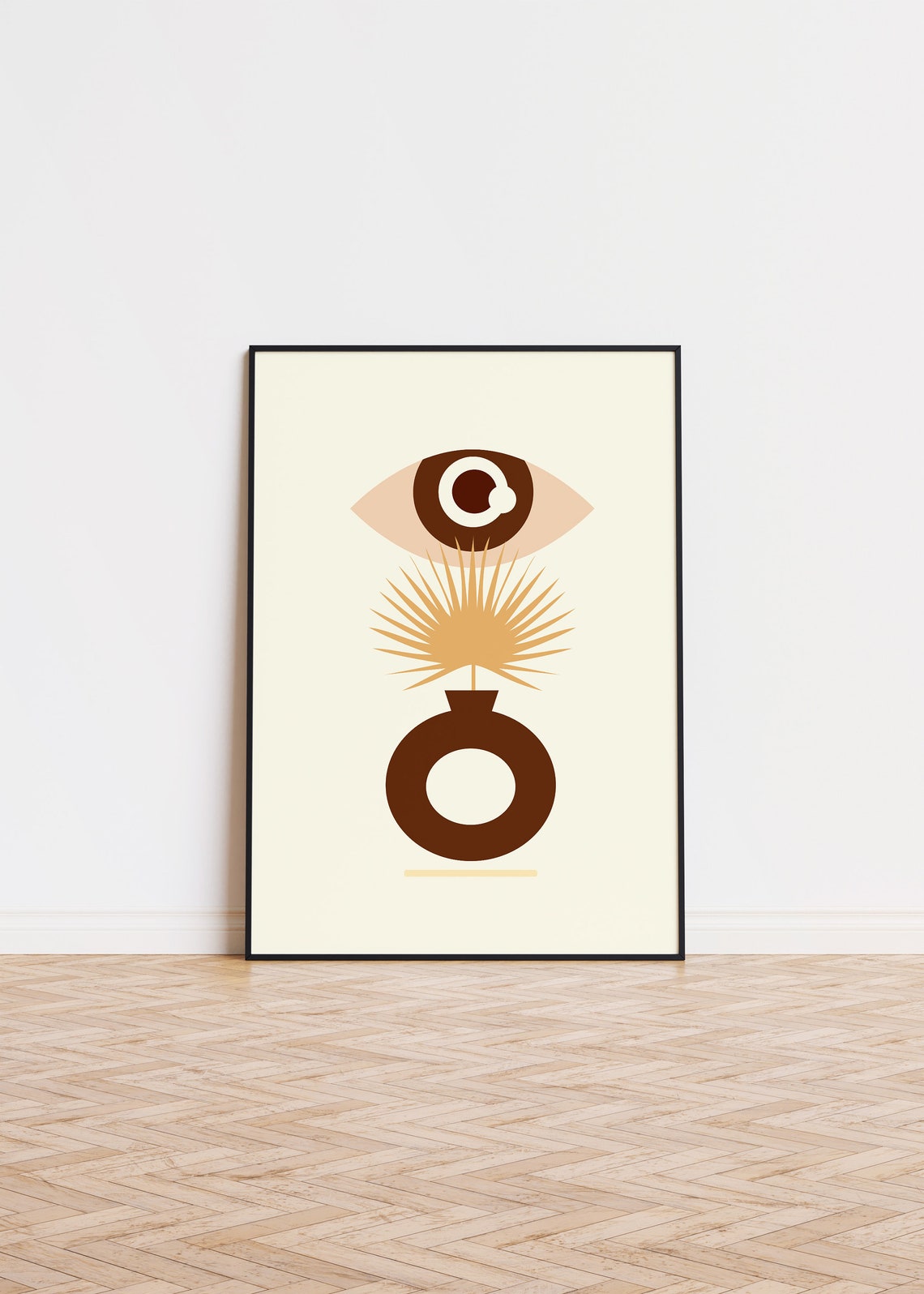 Warm Boho Abstract Eye Sunburst Vase Beige Minimalist Art Poster