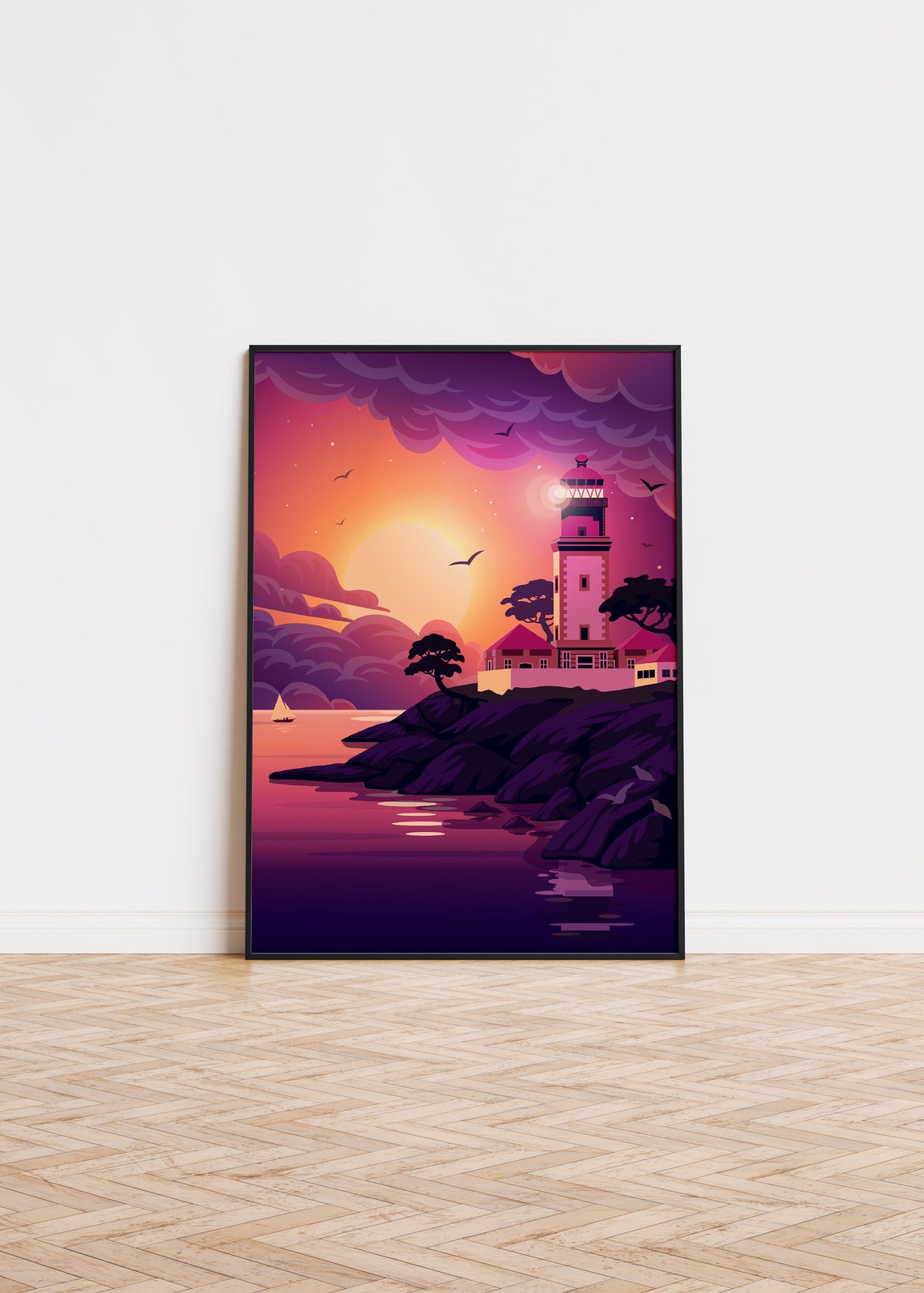 Lighthouse Sunset Purple Sky Ocean Rocks Coastal Illustration Poster