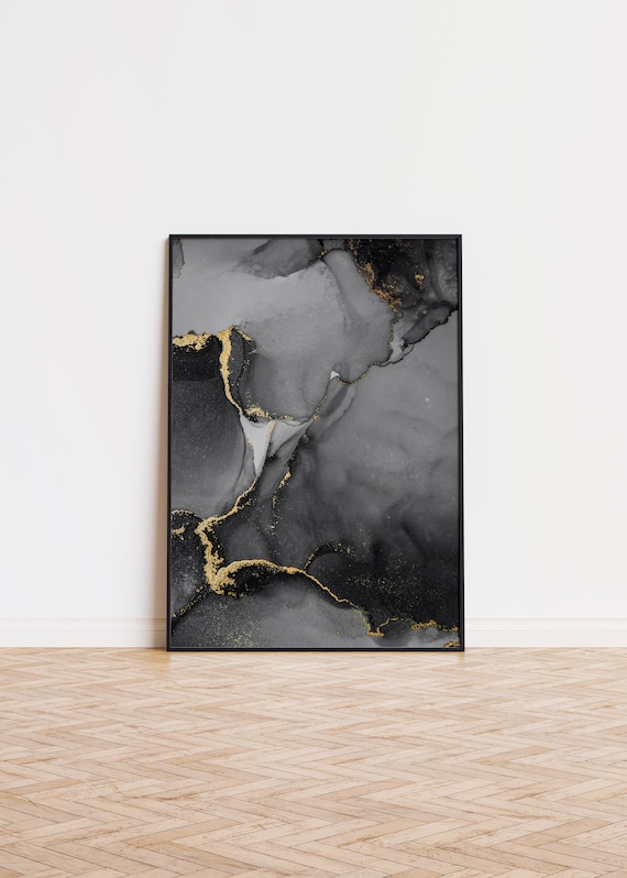 Black Gold Veined Abstract Marble Ink Fluid Modern Art Poster