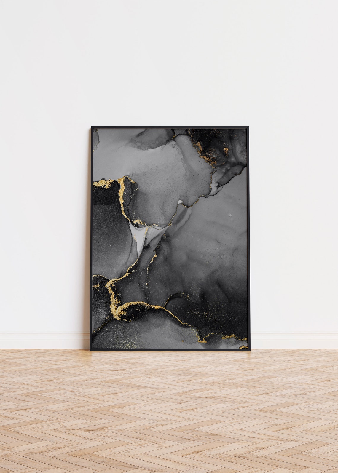Black Gold Veined Abstract Marble Ink Fluid Modern Art Poster