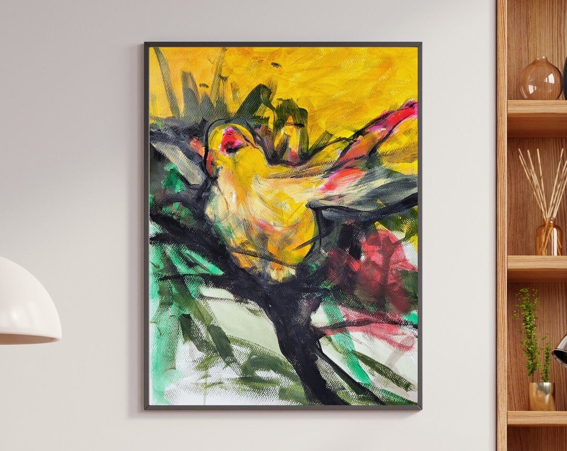 Vibrant Yellow Songbird Expressive Colorful Bird Painting Poster
