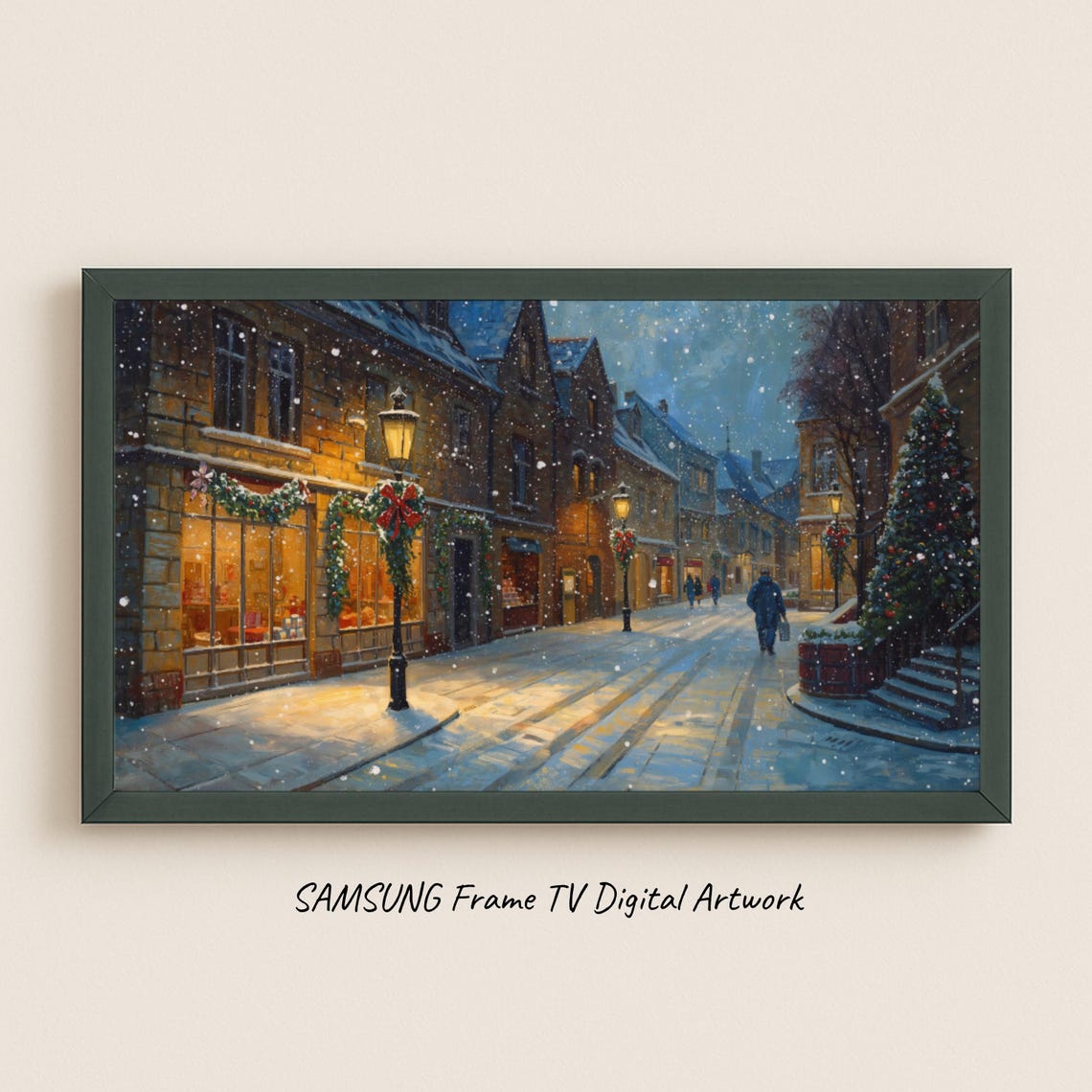 Snowy Evening Christmas Town Decorated Shops Holiday Scene Poster