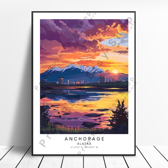 Anchorage Alaska Sunset City Skyline Snowy Mountain Water Poster