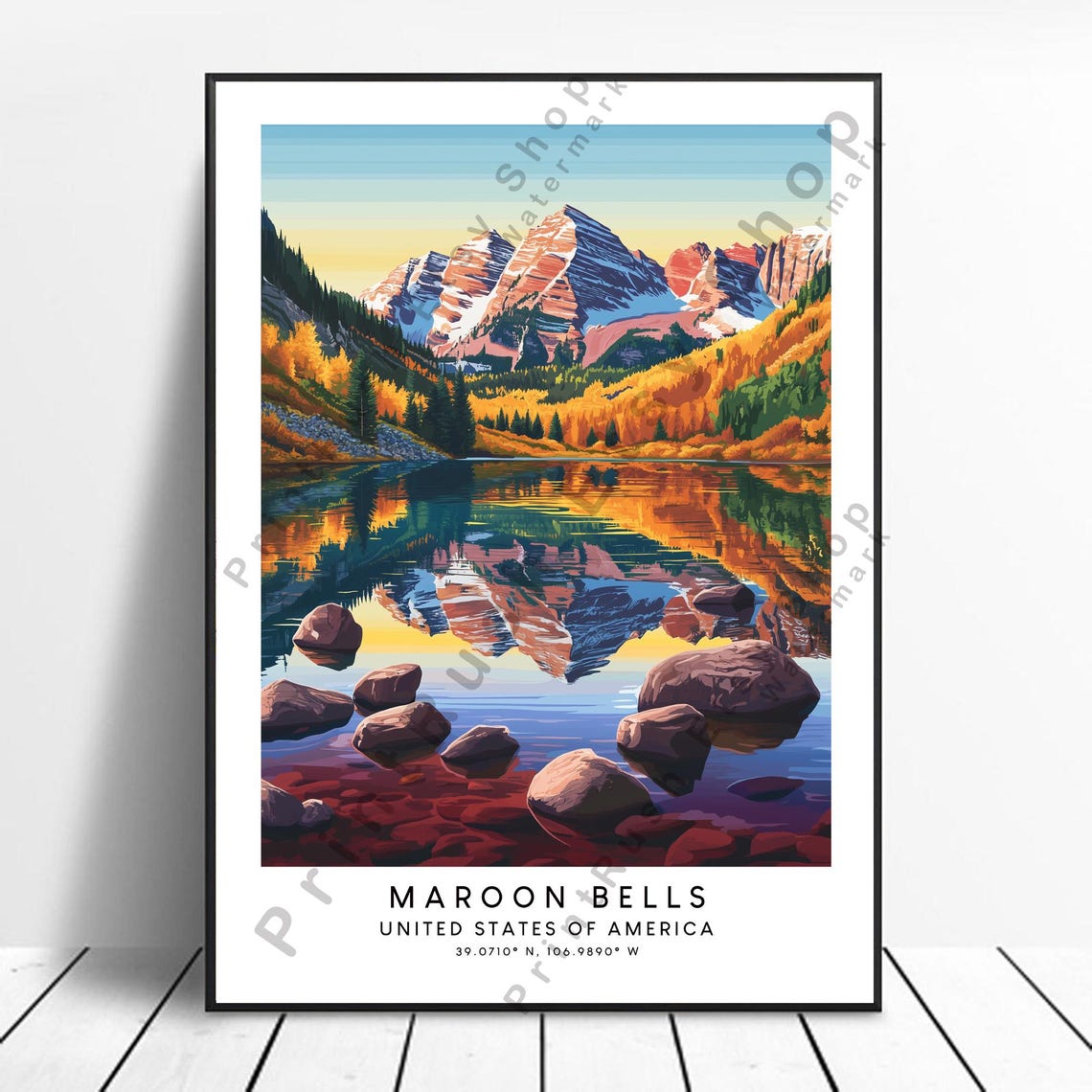 Maroon Bells Print Colourful Poster Art Elk Mountains Wall Home Dcor Illustration Gift