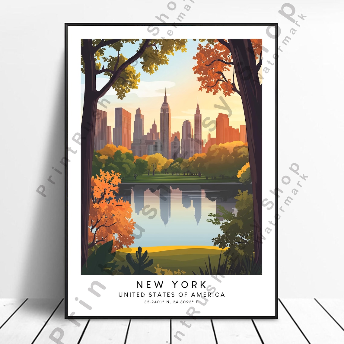 New York Central Park Autumn Skyline Cityscape Travel Poster