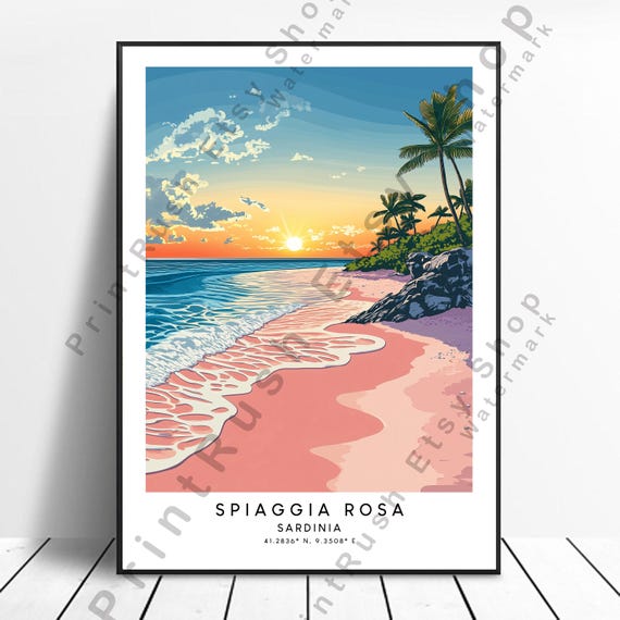 Sardinia Illustration Art Print Italy Travel Poster Wall Dcor Colourful Spiaggia Rosa Pink Beach
