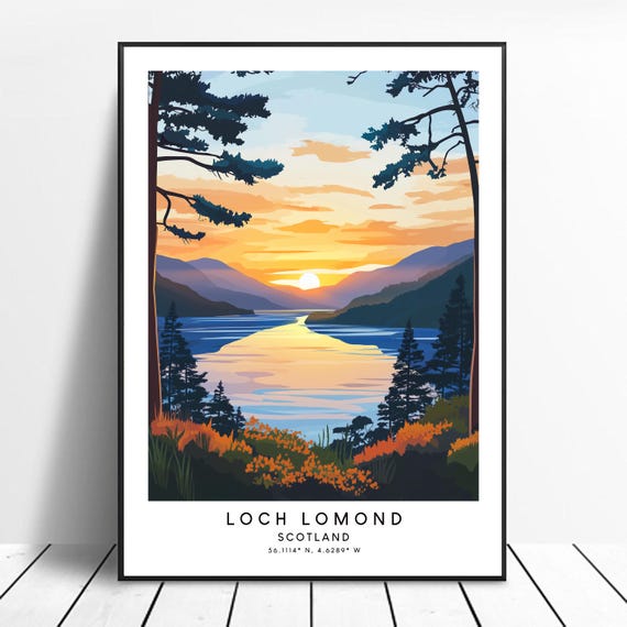 Loch Lomond Artwork Scotland Landscape Poster Lake Print Art Illustration Wall Hanging Gift Travel