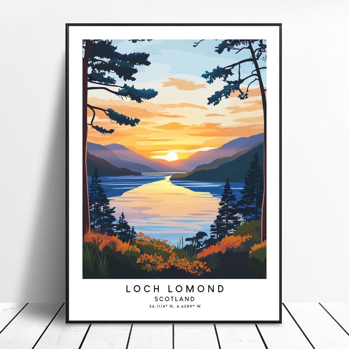 Loch Lomond Scotland Sunset Over Pine Forest Lake Travel Poster