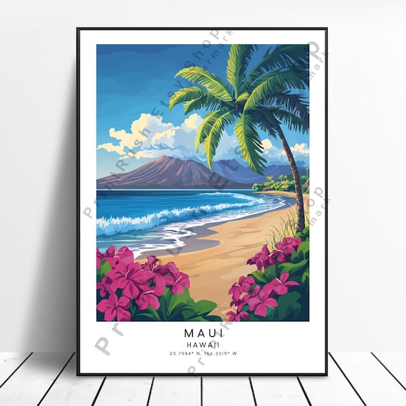 Maui Hawaii Beach Palm Hibiscus Volcano Coast Turquoise Surf Travel Poster
