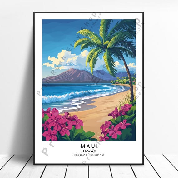 Maui Travel Print Wall Hanging Art Colourful Home Dcor Poster Illustration Hawaii Decor Gift