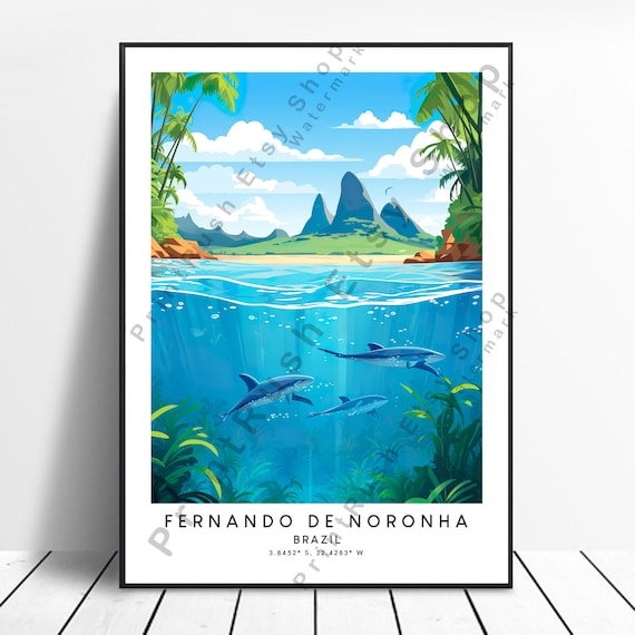 Fernando De Noronha Brazil Dolphins Underwater Coordinates Travel Poster