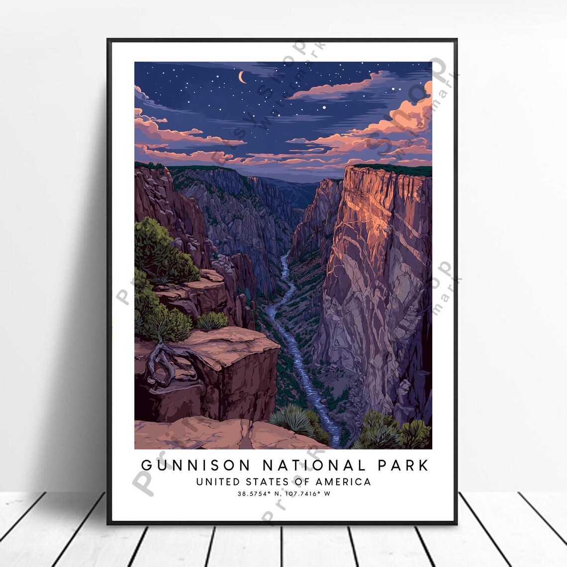 Gunnison National Park Night Canyon Crescent Moon Starry Travel Poster