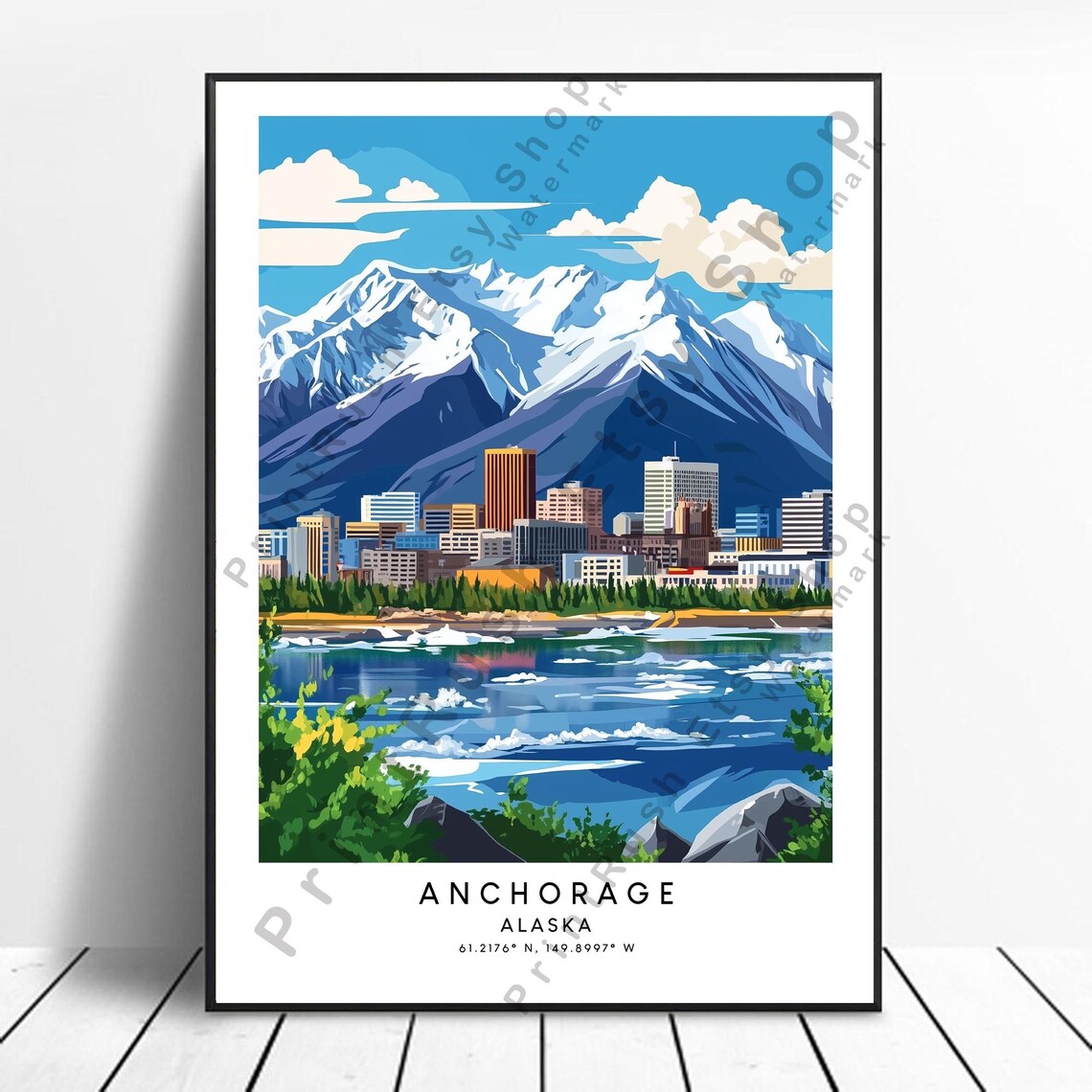 Anchorage Alaska Snowy Mountain Skyline City Travel Art Poster