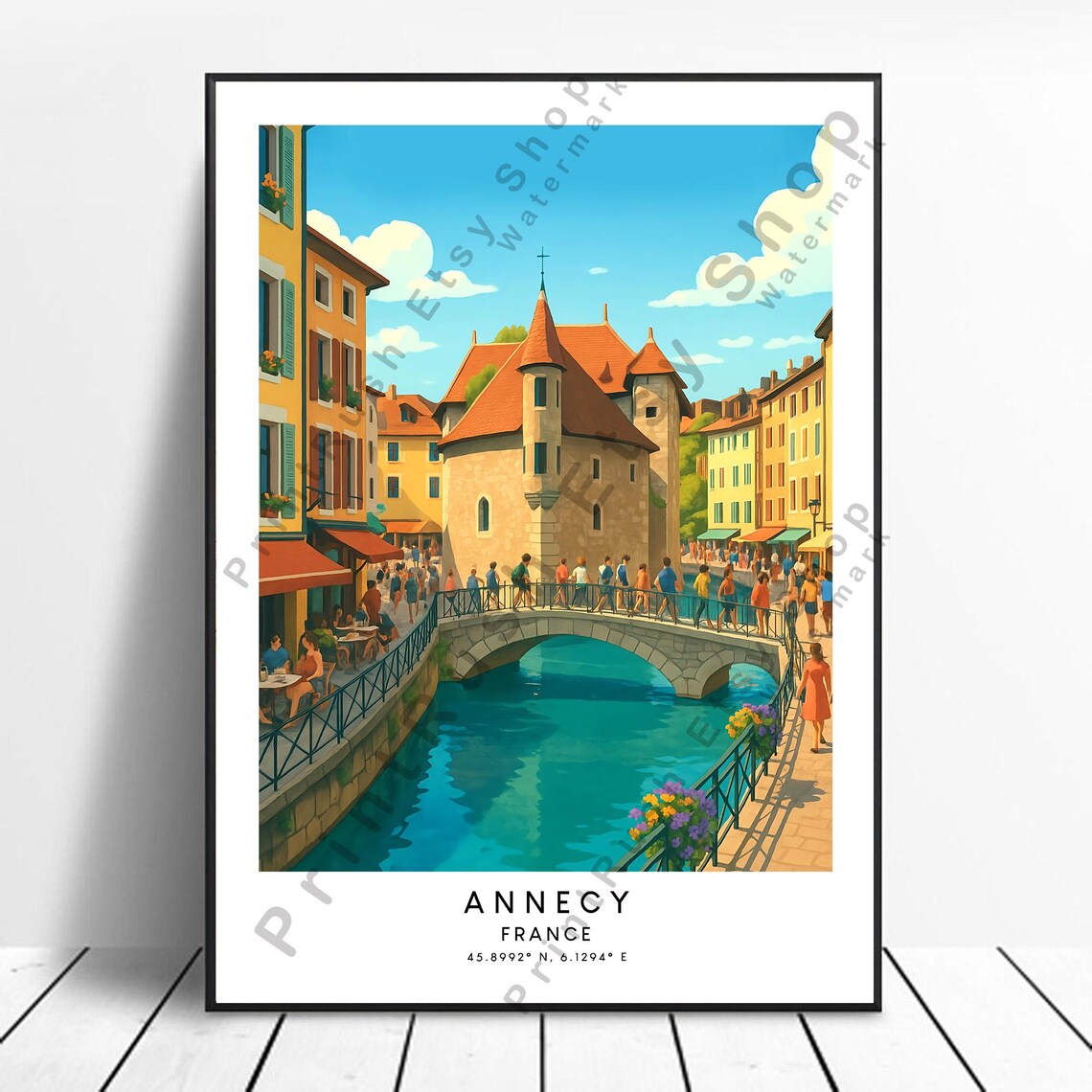 Annecy France Illustration Art Print Travel Poster Artwork Landscape Wall Decor French City Home Hanging Gift