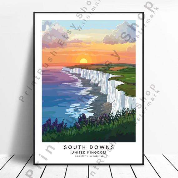 South Downs Cliffs Illustration Uk Coastal Poster Wall Print Home Dcor Hanging Art Gift