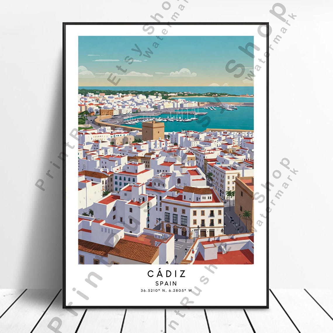 Cadiz Spain Whitewashed Old Town Harbor Turquoise Bay Travel Poster