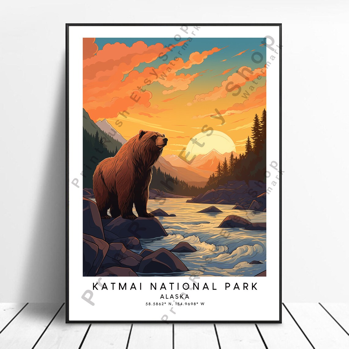 Katmai National Park Alaska Brown Bear River Sunset Travel Poster
