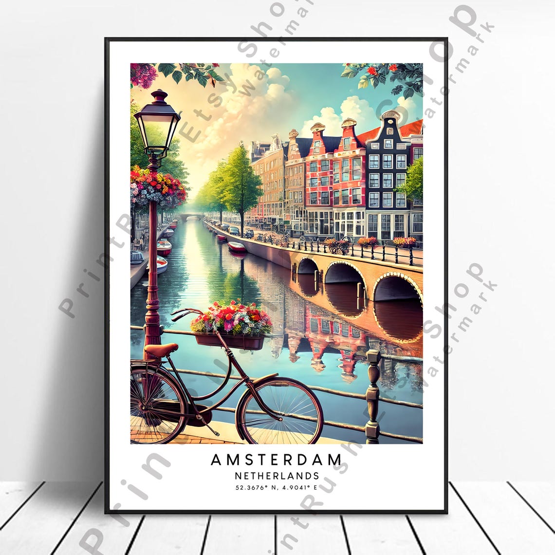 Amsterdam Canal Bicycle Flower Bridge Netherlands Cityscape Poster