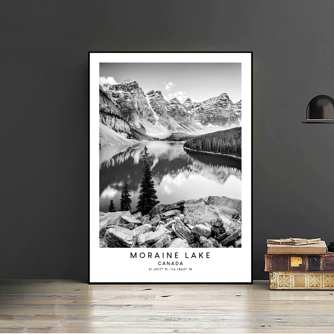 Moraine Lake Black and White Minimalist Travel Poster - Image 2