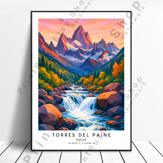Chile Torres Del Paine Illustration Art Print Landscape Wall Decor Travel Poster Home