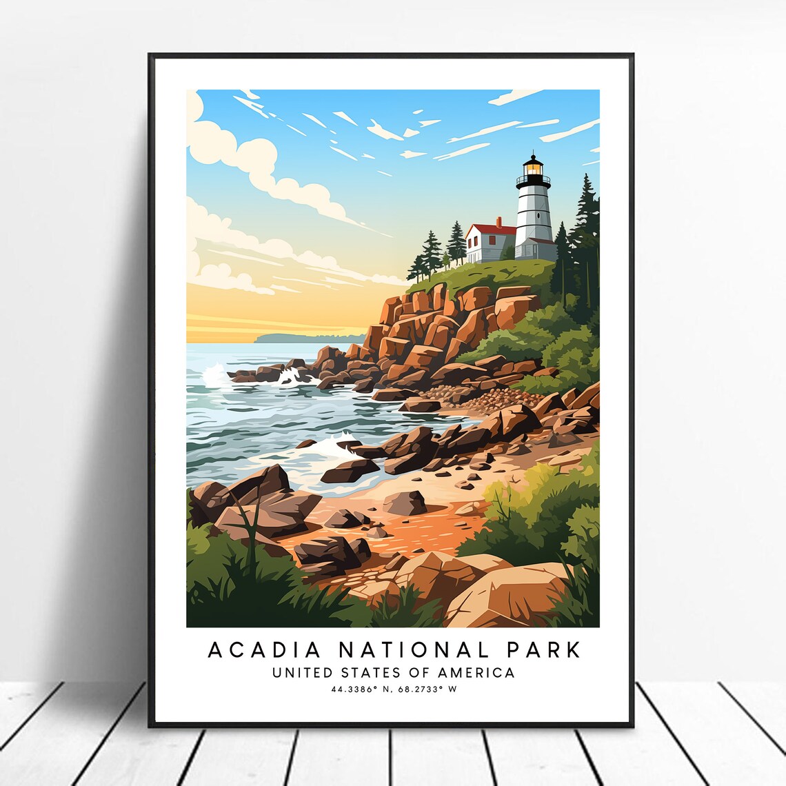 Acadia National Park Lighthouse Coastal Sunset Maine Travel Poster