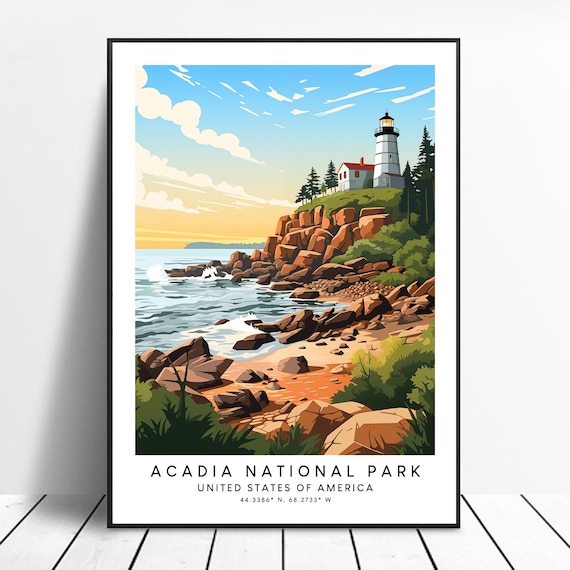 Acadia National Park Lighthouse Coastal Sunset Maine Travel Poster