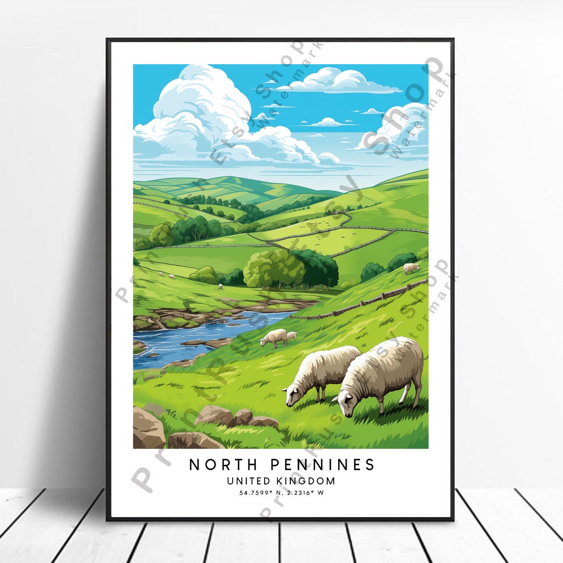 North Pennines England Grazing Sheep Meadow Stream Travel Poster