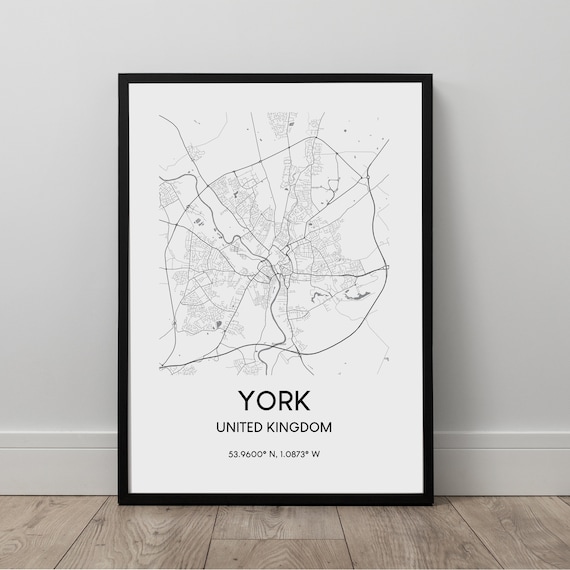 York City Map Print Black And White Art Poster Coordinates Minimalist England Wall Dcor Travel Gift